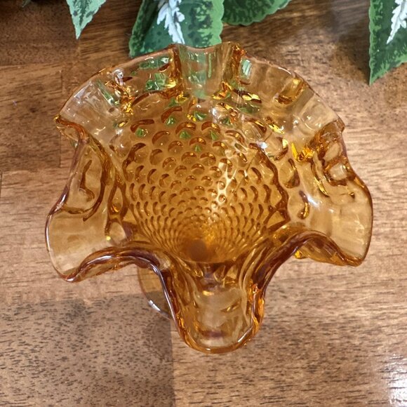 Amber Hobnail Ruffled Glass Vase Vintage Mid-Century Decor Likely‎ Fenton - Picture 4 of 5